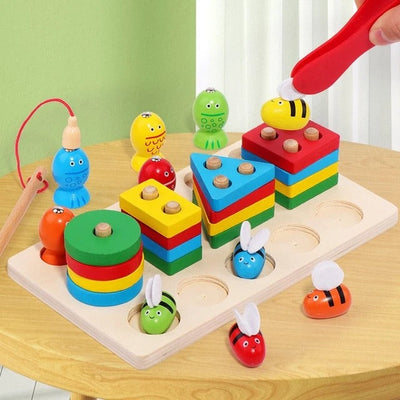 Fidtoy 3 en 1 Kit d'Activités Abeilles et Pêche Magnétique Formes à Colonnes, Jouet en Bois de Tri des Formes et de Développement de la Motricité Fine pour les Enfants de 2 à 6 Ans
