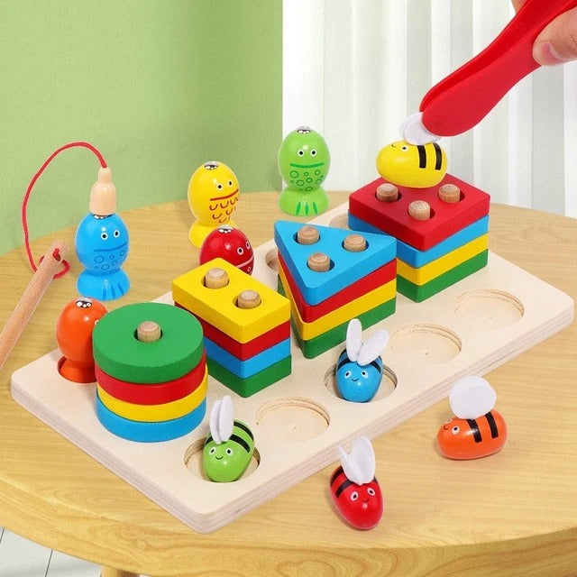 Fidtoy 3 en 1 Kit d'Activités Abeilles et Pêche Magnétique Formes à Colonnes, Jouet en Bois de Tri des Formes et de Développement de la Motricité Fine pour les Enfants de 2 à 6 Ans