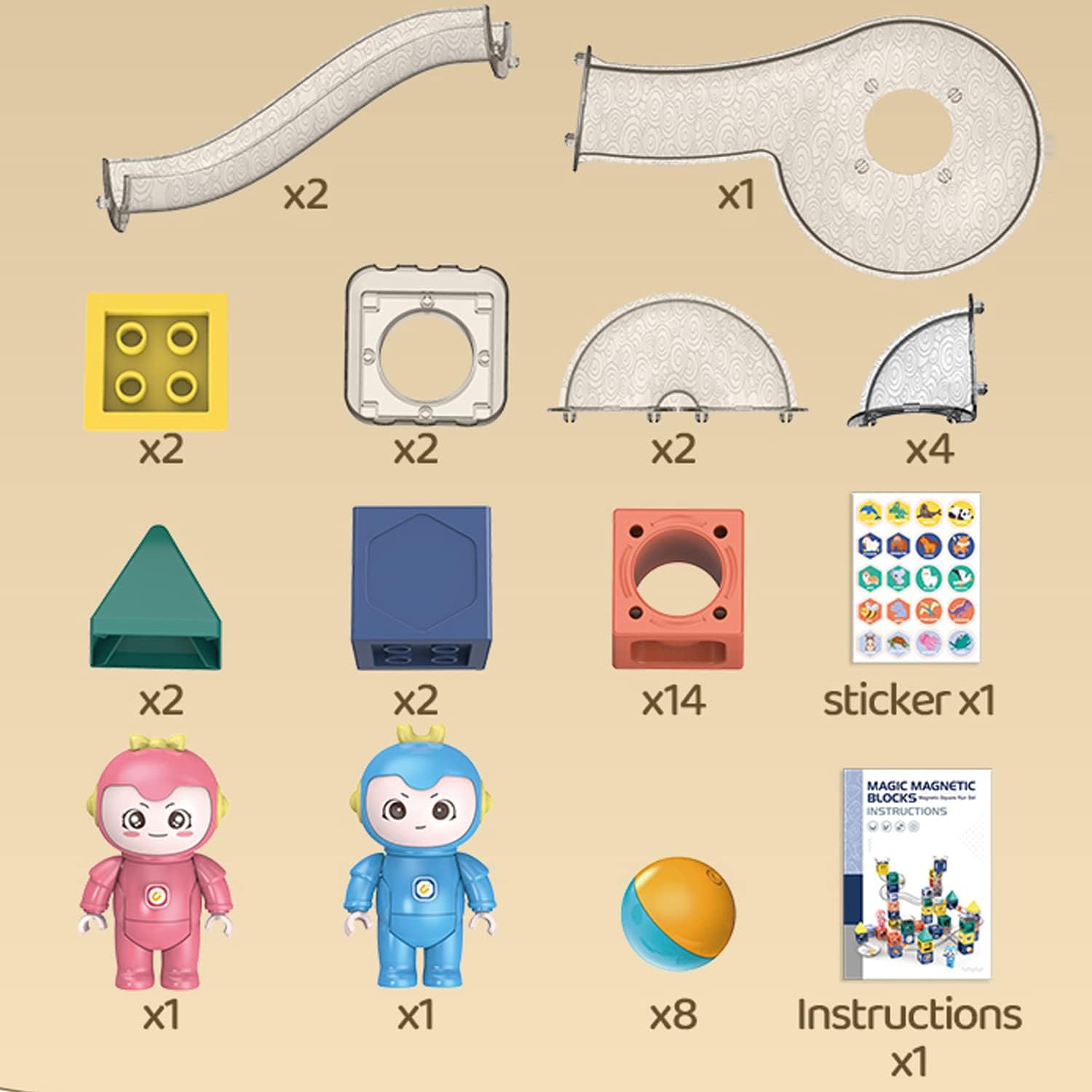 Fidtoy STEM Marble Run Magnetic Stacking Blocks with Dolls 52 Pieces for Kids Ages 3+, Plastic Magnetic Building Blocks Set with Marble Track, Stickers, 2 Dolls, Creative STEM Construction Toy