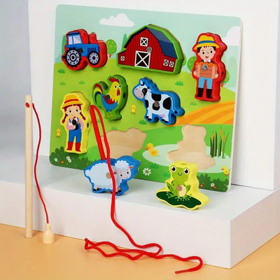 Fidtoy 3D Magnetic Lacing Colorful Puzzle - Random Design, Wooden Magnetic Fishing and Lacing Puzzle, Fine Motor Color Matching Early Learning Toy Ages 2-6
