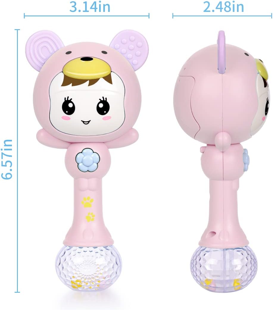 Fidtoy hochet de dentition musical lumineux pour bébé – Hochet sensoriel rose avec lumières, sons, anneau de dentition et jeu d'éveil