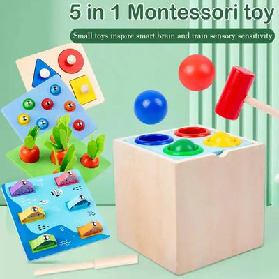 Fidtoy 5-in-1 Hammering Toy – Wooden Montessori Activity Set for Toddlers, Shape Sorting, Magnetic Fishing, Fine Motor Skills