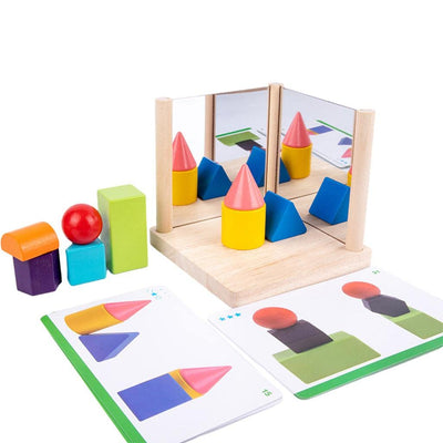 Fidtoy Mirror Wooden 3D Shape Pattern Blocks Montessori Geometry Puzzle Toy for Kids Spatial Learning Play