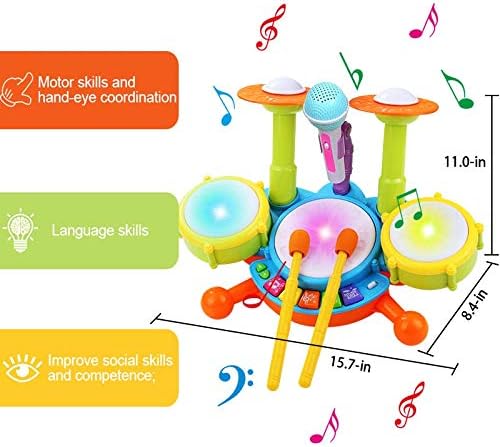 Fidtoy Batterie pour enfants avec microphone pour tout-petits – Instrument de musique avec lumières, sons et apprentissage interactif