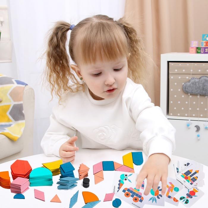 Fidtoy Wooden Tangram Puzzle Set with 180 Blocks and Cards