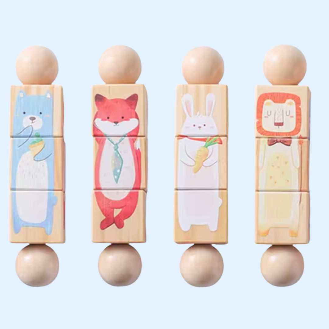 Fidtoy Spin & Match Animal Friends Wooden Puzzle Set for Babies Fine Motor Learning