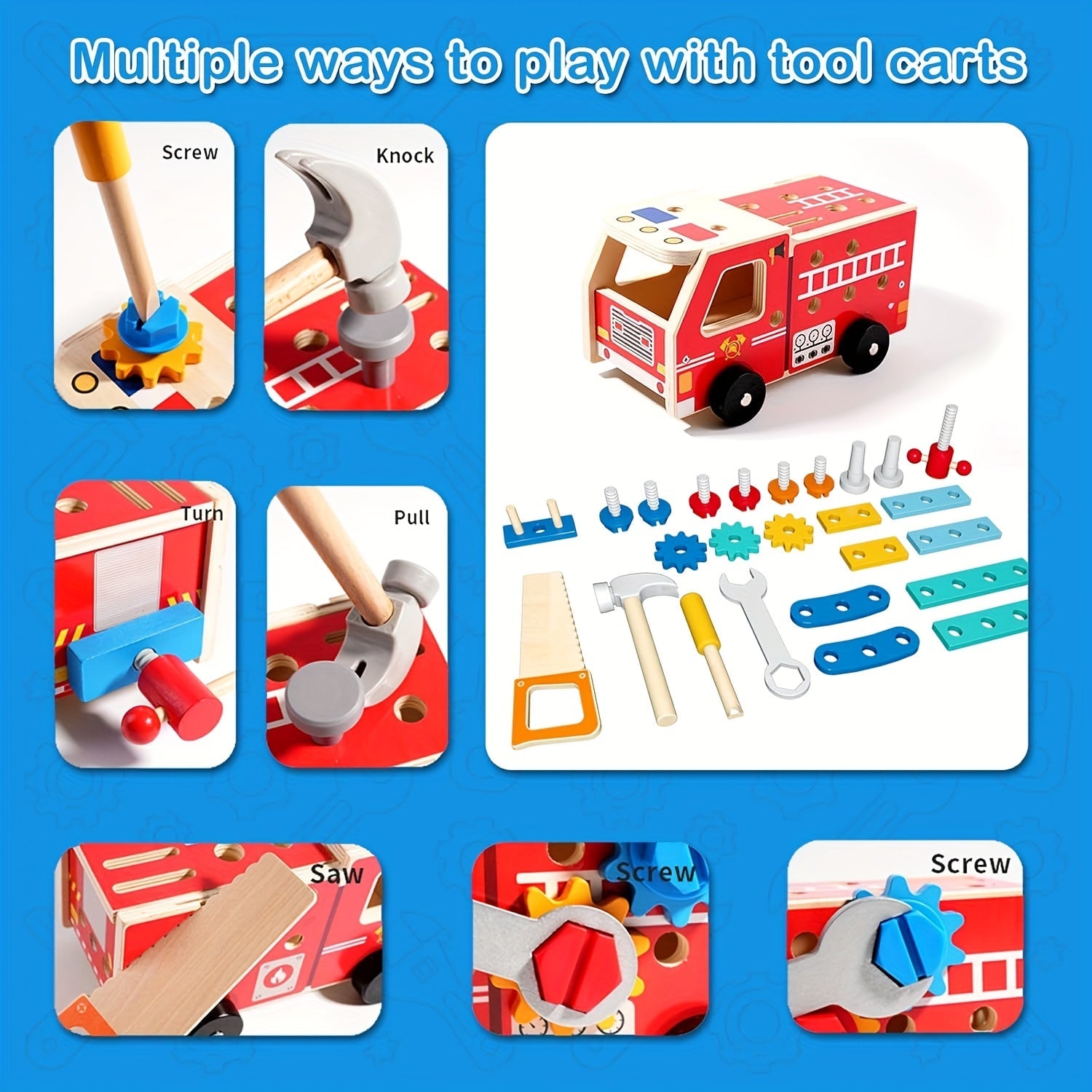 Fidtoy Camion de pompier en bois à assembler | Apprentissage STEM et jeu d'imitation pour les tout-petits