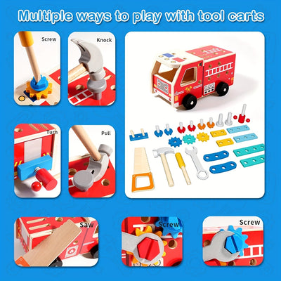 Fidtoy Camion de pompier en bois à assembler | Apprentissage STEM et jeu d'imitation pour les tout-petits