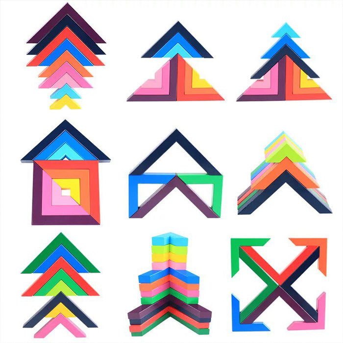 12 bloques de arcoíris de madera de colores con ángulos - Juguetes de construcción libre
