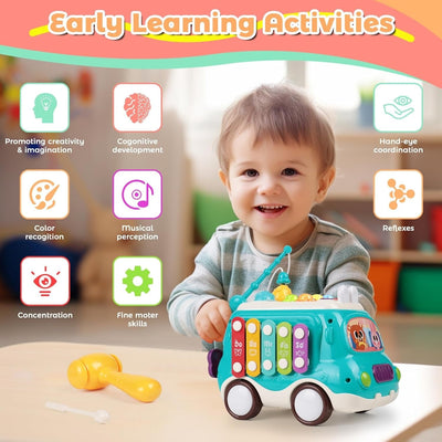 Fidtoy 6-in-1 Multiple Activity and Learners Car for Toddlers, Musical Activity Bus Toy with Xylophone, Gears, Fishing Game and Music Mode Age 18M+