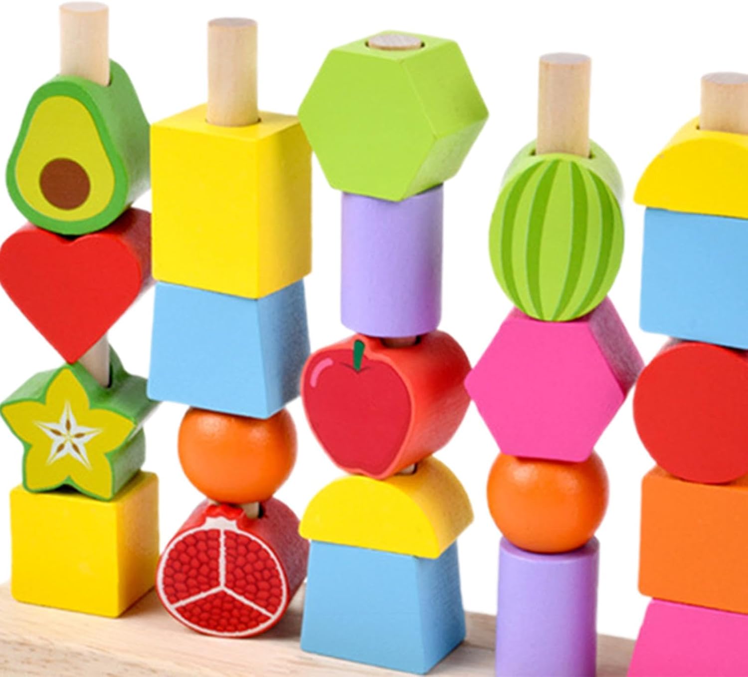 Fidtoy Wooden Montessori Fruits Sequence with Lacing Pattern 5-in-1 Bead Sorting Fine Motor Toy for Kids Ages 3+