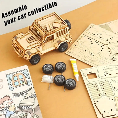 Fidtoy 3D Wooden Mechanical Jeep Pull Back Puzzle 125 Pieces, Wooden SUV Model Building Kit for Teens Adults Beginners Ages 14+