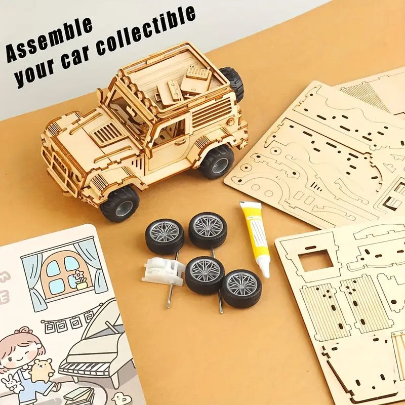 Fidtoy 3D Wooden Mechanical Jeep Pull Back Puzzle 125 Pieces, Wooden SUV Model Building Kit for Teens Adults Beginners Ages 14+