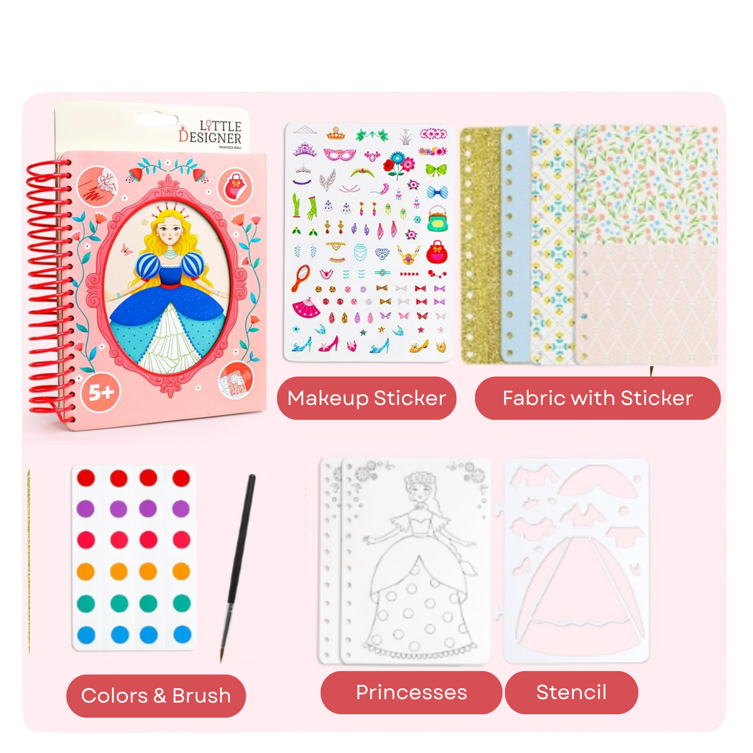 Petite créatrice - Bal de princesse | Création de mode avec tissus, autocollants d'accessoires, couleurs