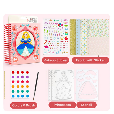 Petite créatrice - Bal de princesse | Création de mode avec tissus, autocollants d'accessoires, couleurs
