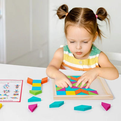 Fidtoy Wooden Geometrical Shapes Pattern Tangram Puzzle Montessori Color Shape Learning Toy for Kids Ages 2 to 6