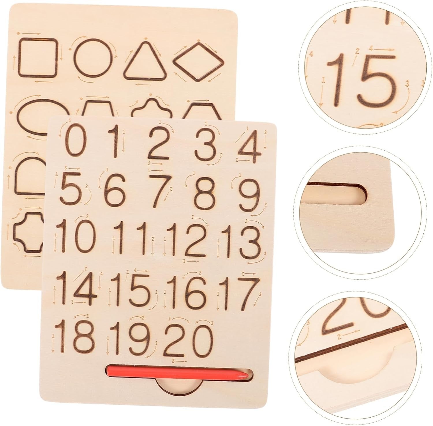Fidtoy Montessori Double-Sided Number and Shapes Tracing Board for Kids Wooden Pre-Writing Learning Toy Age 2-6