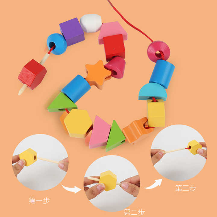 Jeu de laçage et de pêche avec cinq ensembles de colonnes de formes en bois - 003