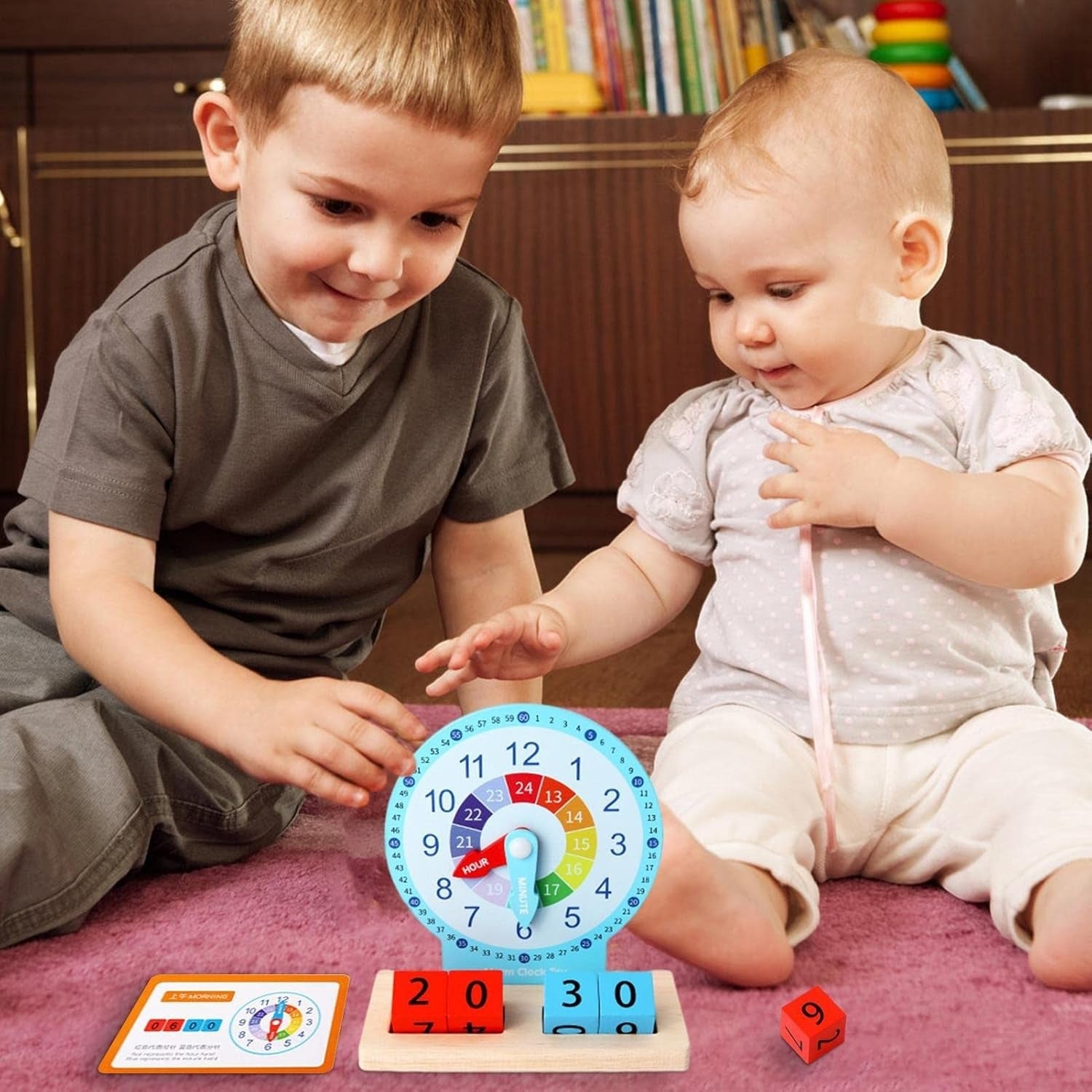 Fidtoy Wooden Clock Telling Time Pretend Play Kit for Kids | Montessori Time Learning Clock, Analog Digital Matching, Q&A Cards, Fine Motor & Hand-Eye Coordination Toy Age 2-6