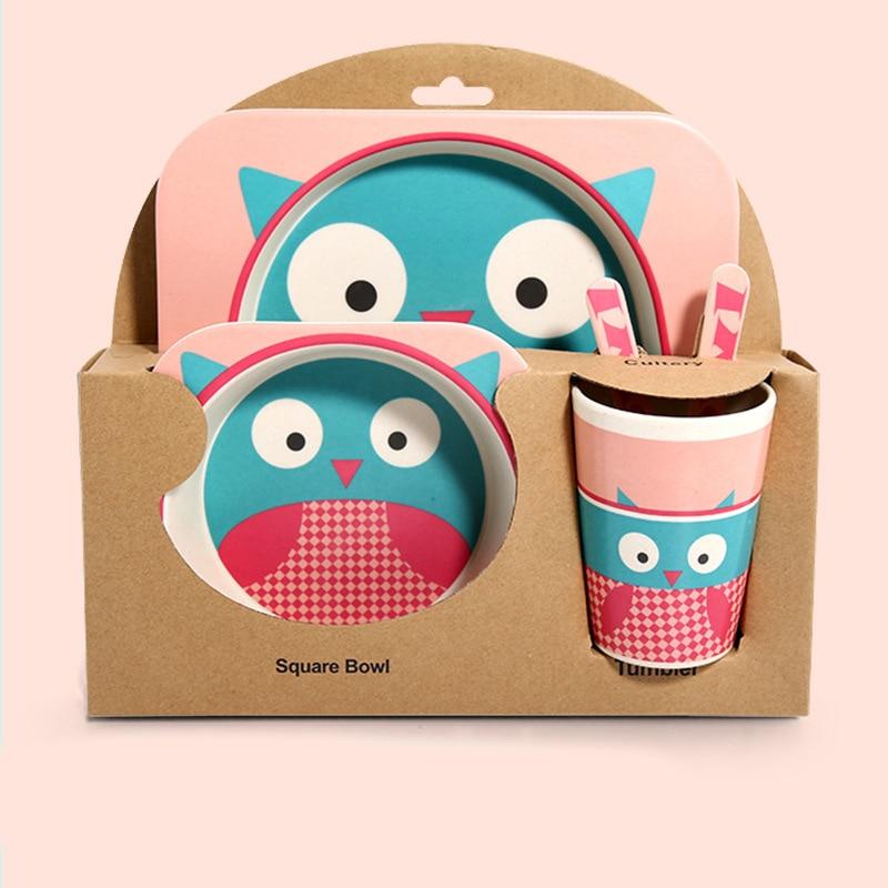 Fidtoy Service de vaisselle en bambou pour enfants – Ensemble repas 5 pièces Assiette Bol Tasse Cuillère Fourchette pour tout-petings
