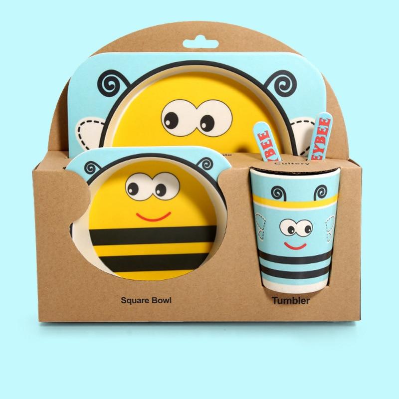 Fidtoy Service de vaisselle en bambou pour enfants – Ensemble repas 5 pièces Assiette Bol Tasse Cuillère Fourchette pour tout-petings