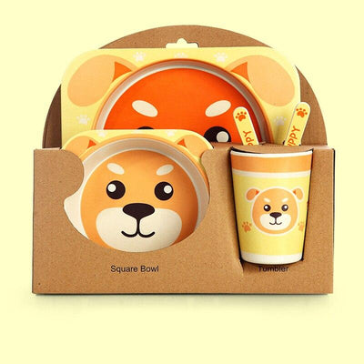 Fidtoy Service de vaisselle en bambou pour enfants – Ensemble repas 5 pièces Assiette Bol Tasse Cuillère Fourchette pour tout-petings