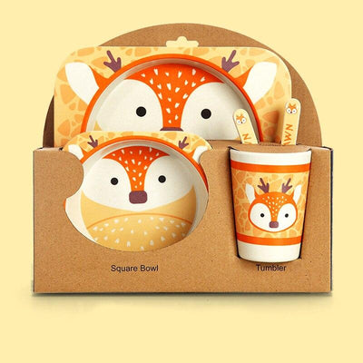 Fidtoy Service de vaisselle en bambou pour enfants – Ensemble repas 5 pièces Assiette Bol Tasse Cuillère Fourchette pour tout-petings