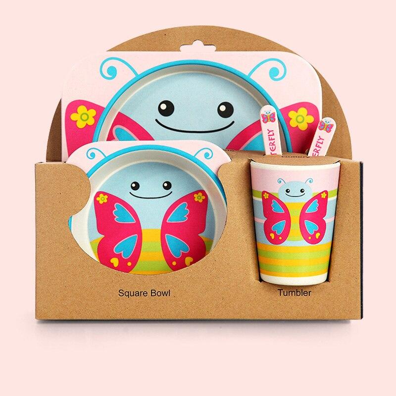 Fidtoy Service de vaisselle en bambou pour enfants – Ensemble repas 5 pièces Assiette Bol Tasse Cuillère Fourchette pour tout-petings