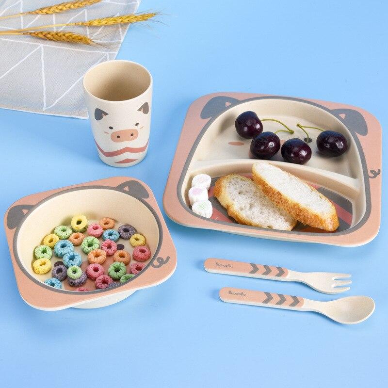 Fidtoy Service de vaisselle en bambou pour enfants – Ensemble repas 5 pièces Assiette Bol Tasse Cuillère Fourchette pour tout-petings