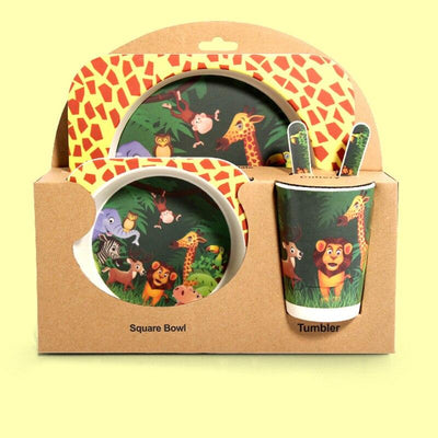 Fidtoy Service de vaisselle en bambou pour enfants – Ensemble repas 5 pièces Assiette Bol Tasse Cuillère Fourchette pour tout-petings