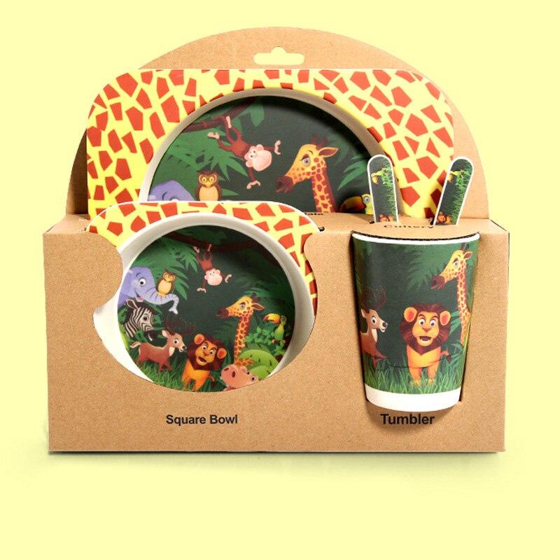 Fidtoy Service de vaisselle en bambou pour enfants – Ensemble repas 5 pièces Assiette Bol Tasse Cuillère Fourchette pour tout-petings