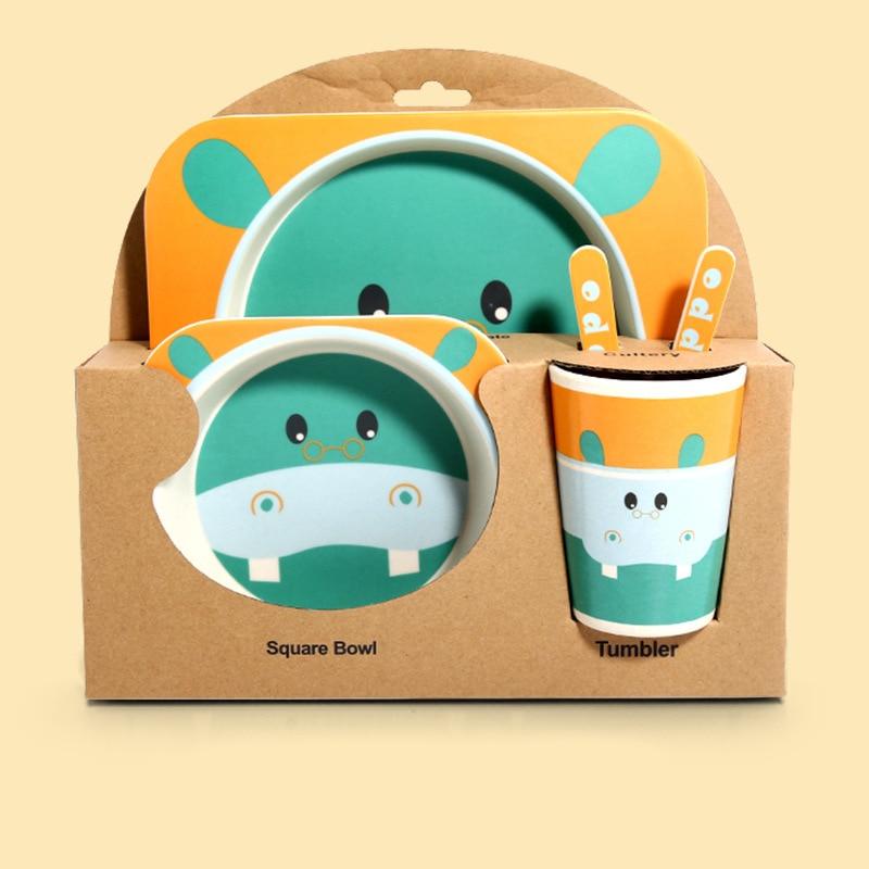 Fidtoy Service de vaisselle en bambou pour enfants – Ensemble repas 5 pièces Assiette Bol Tasse Cuillère Fourchette pour tout-petings