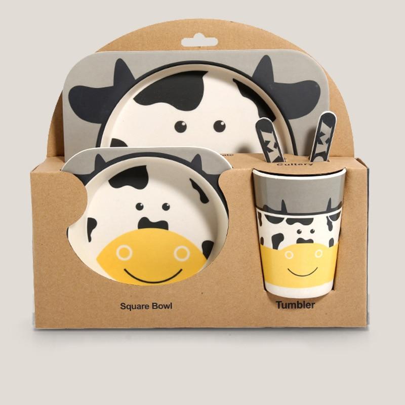 Fidtoy Service de vaisselle en bambou pour enfants – Ensemble repas 5 pièces Assiette Bol Tasse Cuillère Fourchette pour tout-petings