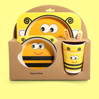 Fidtoy Service de vaisselle en bambou pour enfants – Ensemble repas 5 pièces Assiette Bol Tasse Cuillère Fourchette pour tout-petings