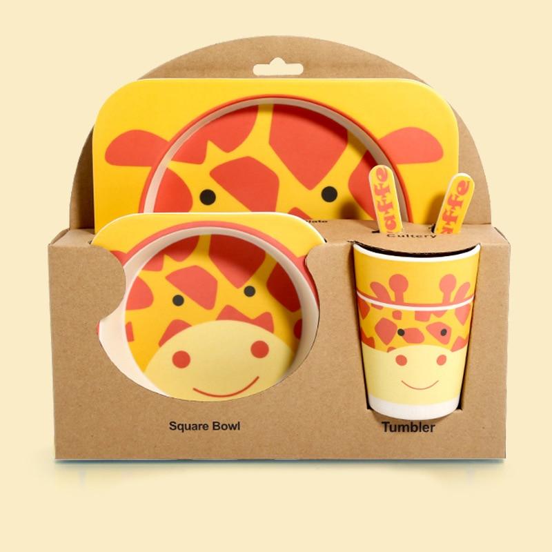 Fidtoy Service de vaisselle en bambou pour enfants – Ensemble repas 5 pièces Assiette Bol Tasse Cuillère Fourchette pour tout-petings
