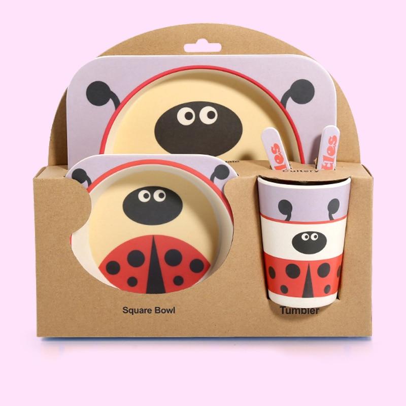 Fidtoy Service de vaisselle en bambou pour enfants – Ensemble repas 5 pièces Assiette Bol Tasse Cuillère Fourchette pour tout-petings