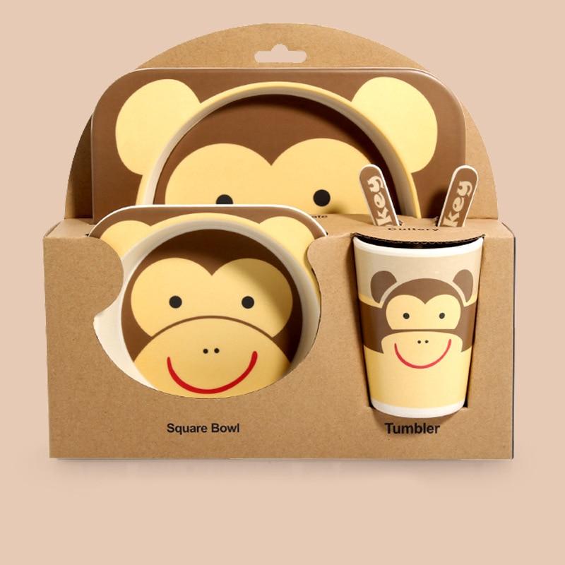 Fidtoy Service de vaisselle en bambou pour enfants – Ensemble repas 5 pièces Assiette Bol Tasse Cuillère Fourchette pour tout-petings