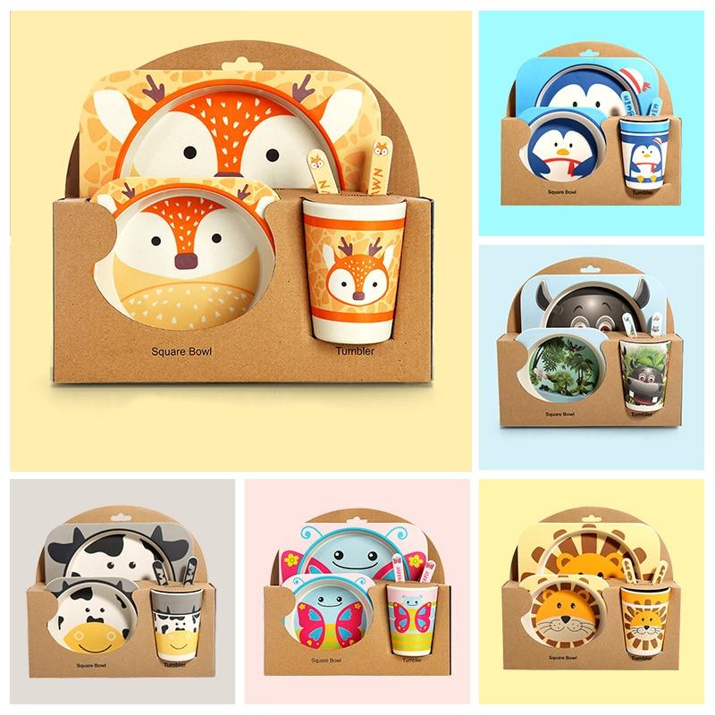 Fidtoy Service de vaisselle en bambou pour enfants – Ensemble repas 5 pièces Assiette Bol Tasse Cuillère Fourchette pour tout-petings