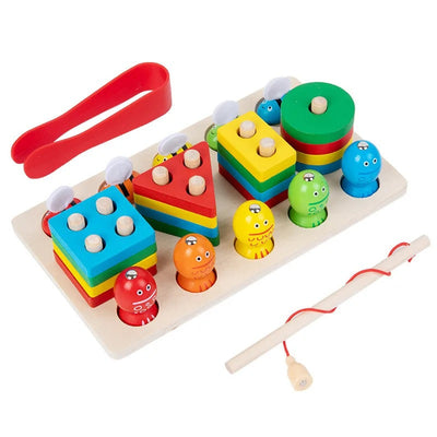 Fidtoy 3 en 1 Kit d'Activités Abeilles et Pêche Magnétique Formes à Colonnes, Jouet en Bois de Tri des Formes et de Développement de la Motricité Fine pour les Enfants de 2 à 6 Ans