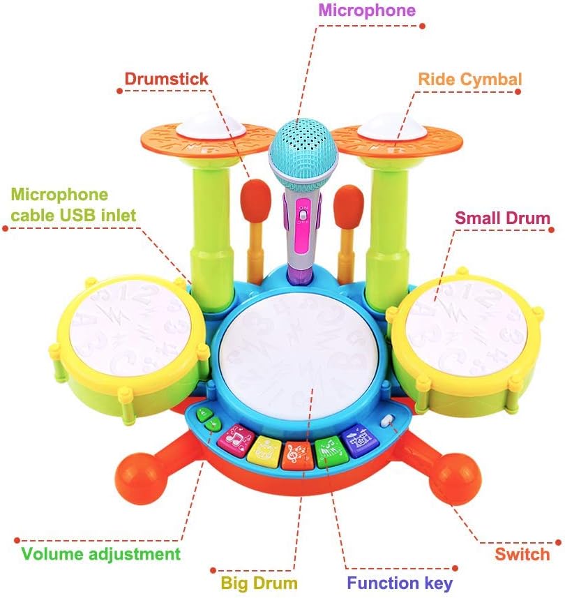 Fidtoy Batterie pour enfants avec microphone pour tout-petits – Instrument de musique avec lumières, sons et apprentissage interactif