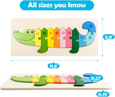 Fidtoy 3D Wooden Crocodile Puzzle Board, Wooden Animal Board for Toddlers, Preschool Matching Puzzle, Fine Motor Color Recognition Toy Ages 2-6