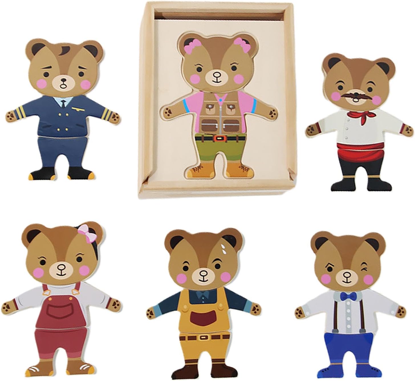 Puzle de la familia de osos para vestir, disfraz de familia de osos de madera, juego de cambio de ropa, puzle de clasificación y emparejamiento, conjunto de cambio de ropa divertido de madera para