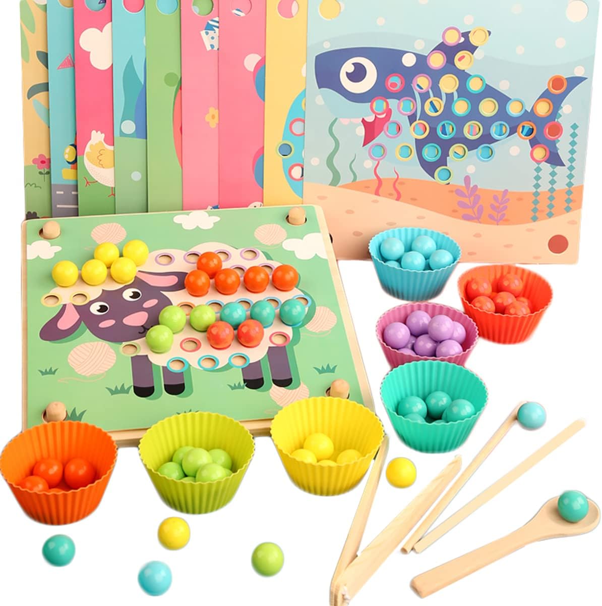 Jouet éducatif Montessori, Puzzle de perles, Jouet en bois coloré, Sac de rangement inclus, Entraînement de la motricité fine, Apprentissage des nombres, Jouet multifonctionnel Bajoy pour améliorer la pensée des enfants, Jouet pour filles