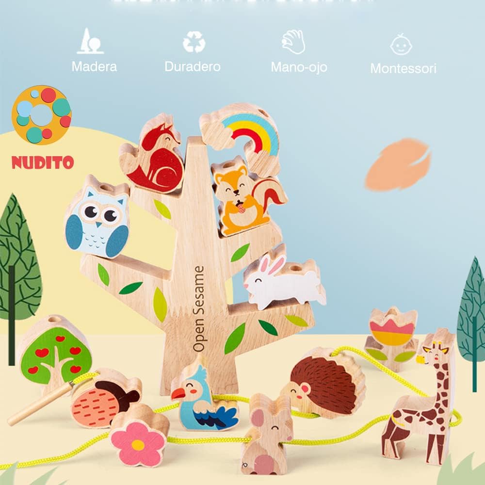 NUDITO Montessori Educational Toy for Children. Wooden Educational Toy for Boys and Girls. Wooden Stacking Blocks for Kids. Pull-Along Toy for Children.