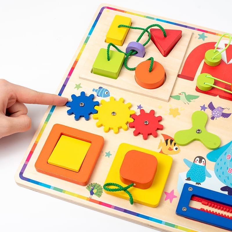 Fidtoy 11 in 1 Montessori Busy Board Toy for Toddlers Wooden Sensory Activity Board with Zippers Buttons Gears Fine Motor Skills Travel Quiet Toy Gift