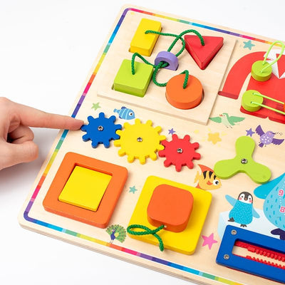 Fidtoy 10in1 Wooden Sensory Busy Board Activity for Toddlers, Wooden Montessori Practical Life Activity Board with Xylophone, Maze, Shape Sorter, Zipper, Clock, Gears and Switches Ages 2-4