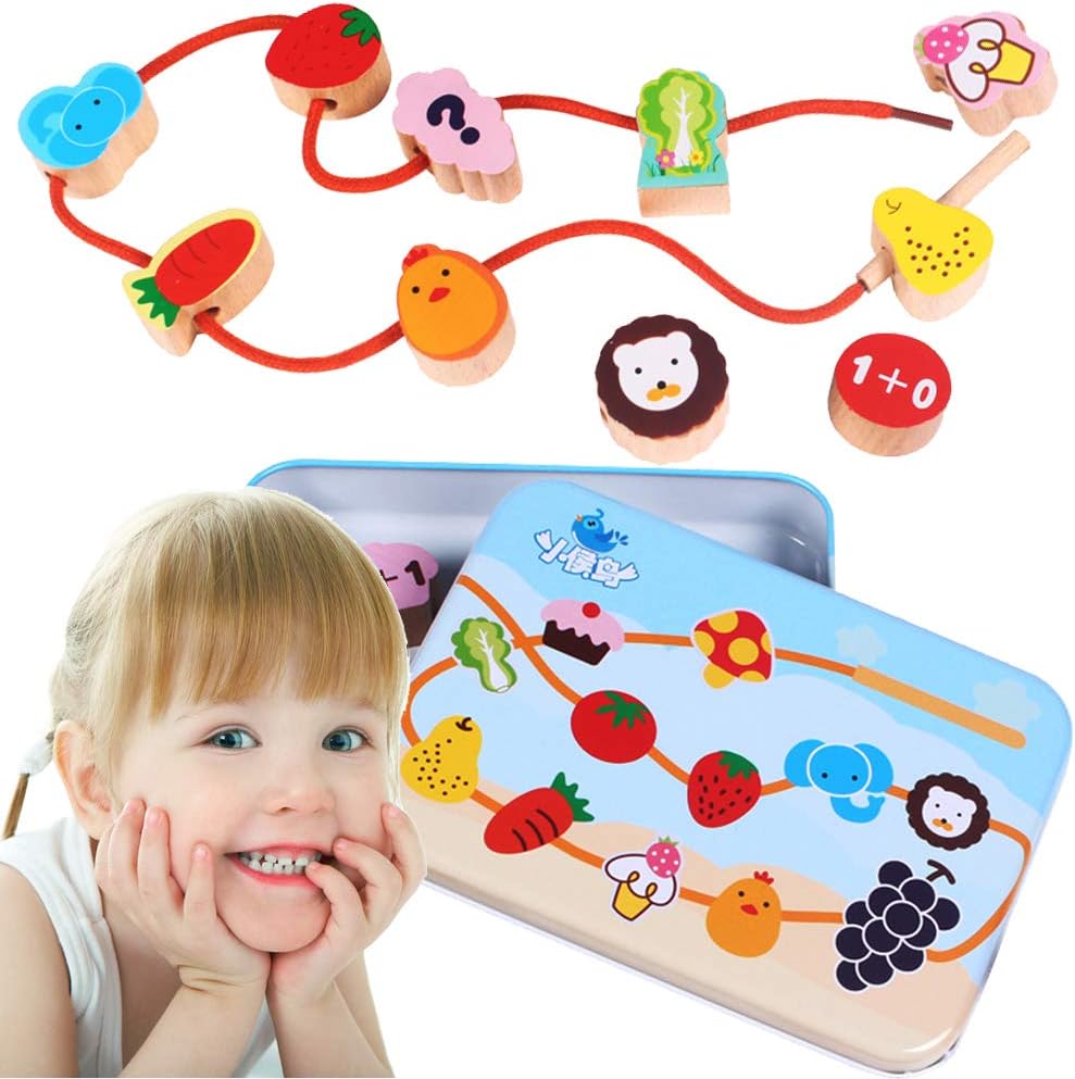 CenYouful Juguete de ensartar, juego de bloques de madera, juguetes educativos tempranos, juegos de cuentas de ensartar y atar para niños pequeños, juego de juguetes de aprendizaje de animales terrestres (12 piezas) (verduras y frutas)