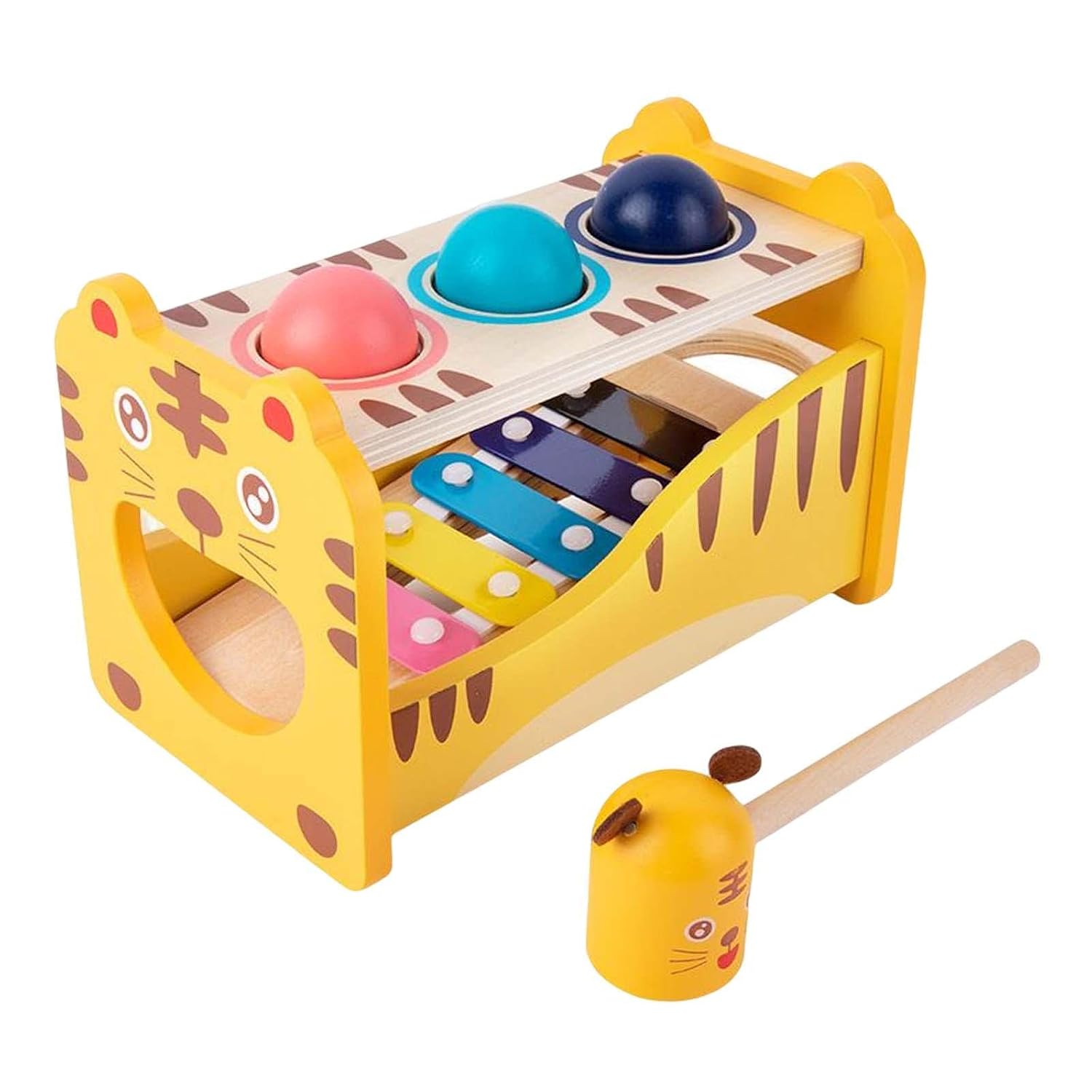 Fidtoy Wooden Tiger Pound Hammering Table with Xylophone, Wooden Hammering Table and Slide-Out Xylophone Music Toy for Fine Motor Skills, Hand-Eye Coordination and Rhythm Play