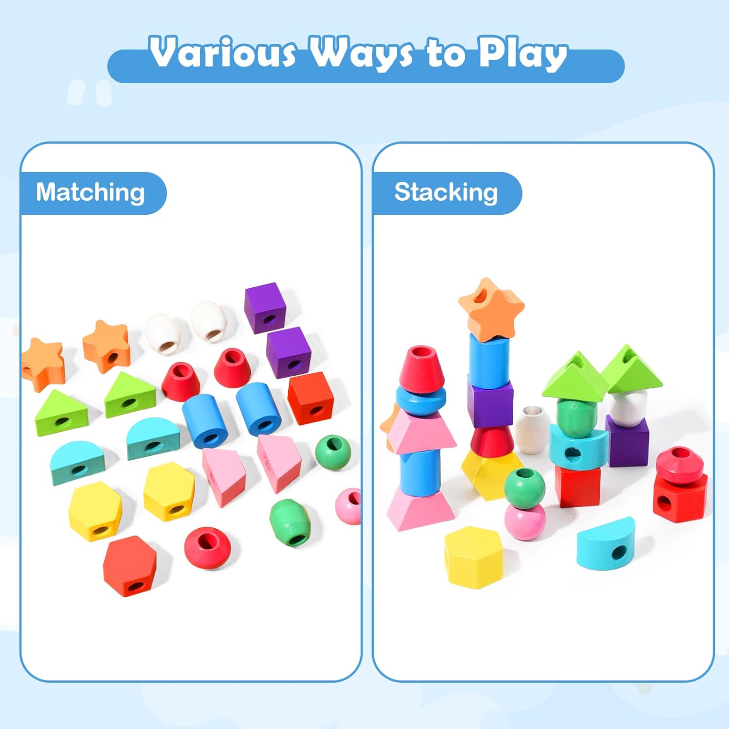 Fidtoy Montessori Jeu d'association de formes en bois, jouet de séquençage et d'enfilage pour les tout-petits