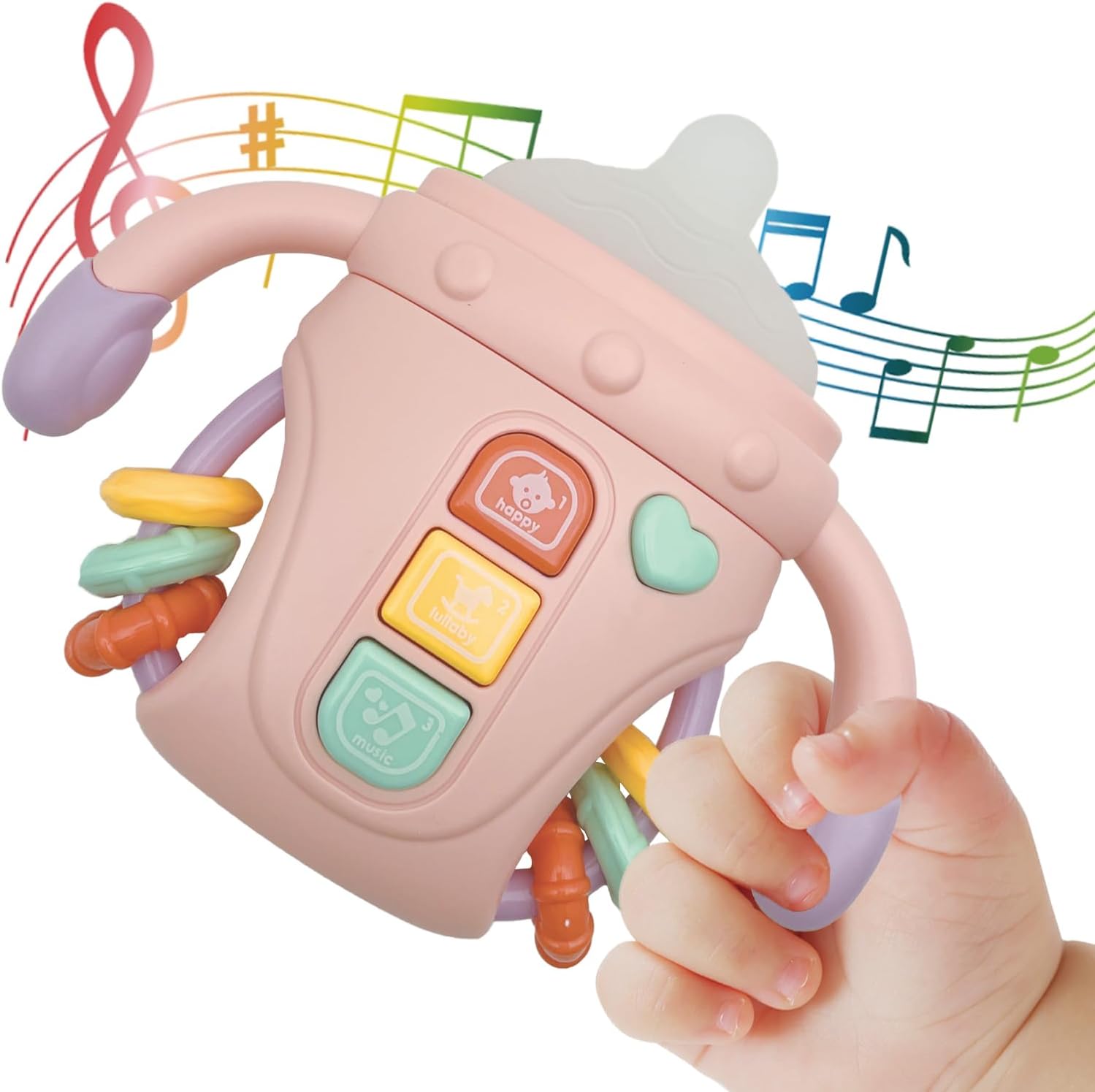 Fidtoy Biberon sensoriel bébé réconfortant avec lumières, musique et anneau de dentition | Jouet d'apprentissage apaisant pour bébés de 6 à 24 mois